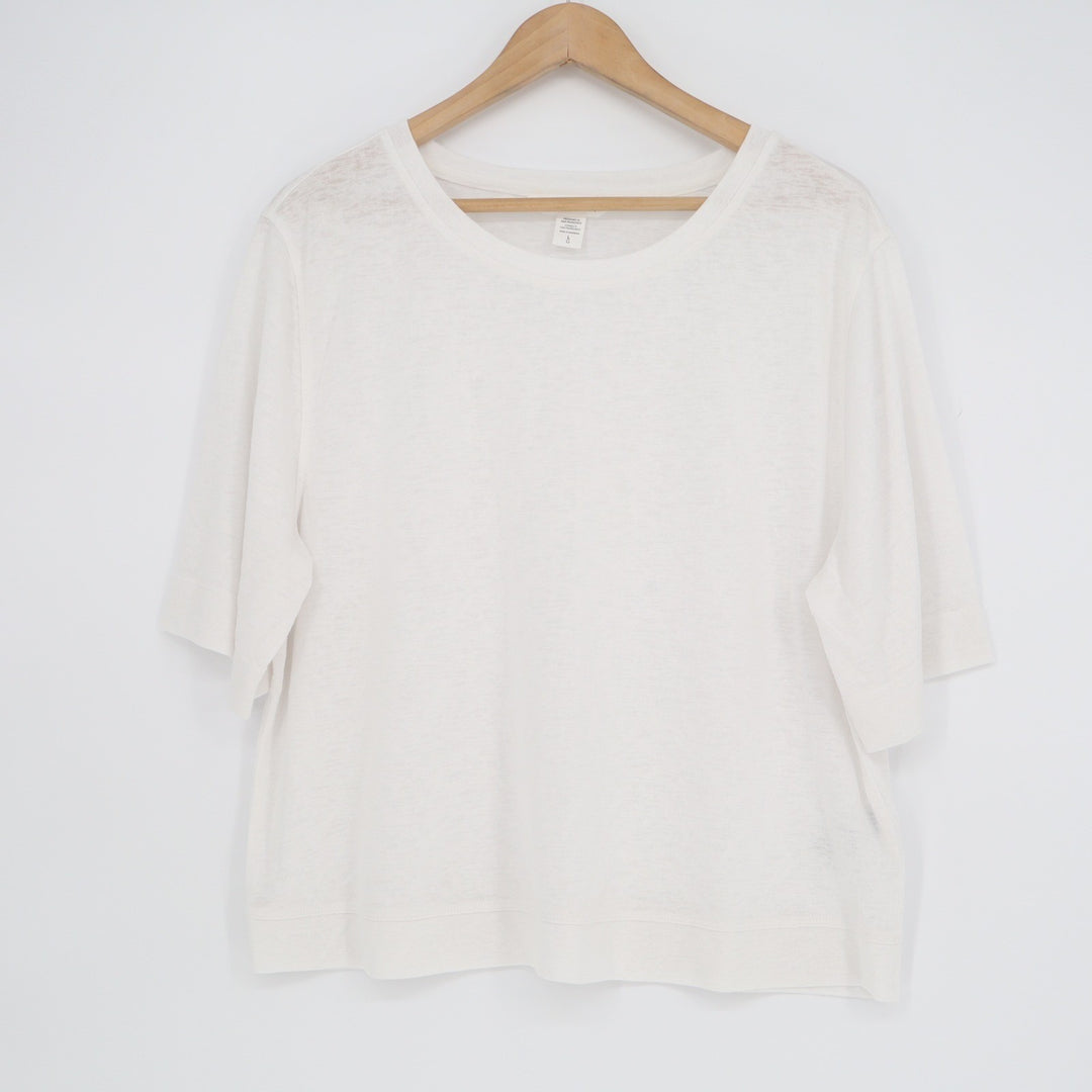 Athleta Womens White Tencel Modal Blend Elbow Sleeve Boxy Crew Neck Top Large