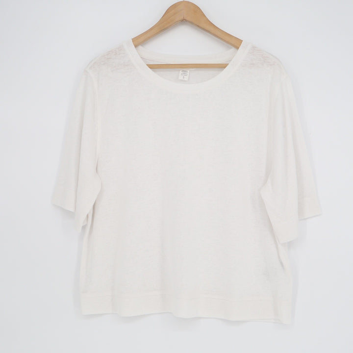 Athleta Womens White Tencel Modal Blend Elbow Sleeve Boxy Crew Neck Top Large