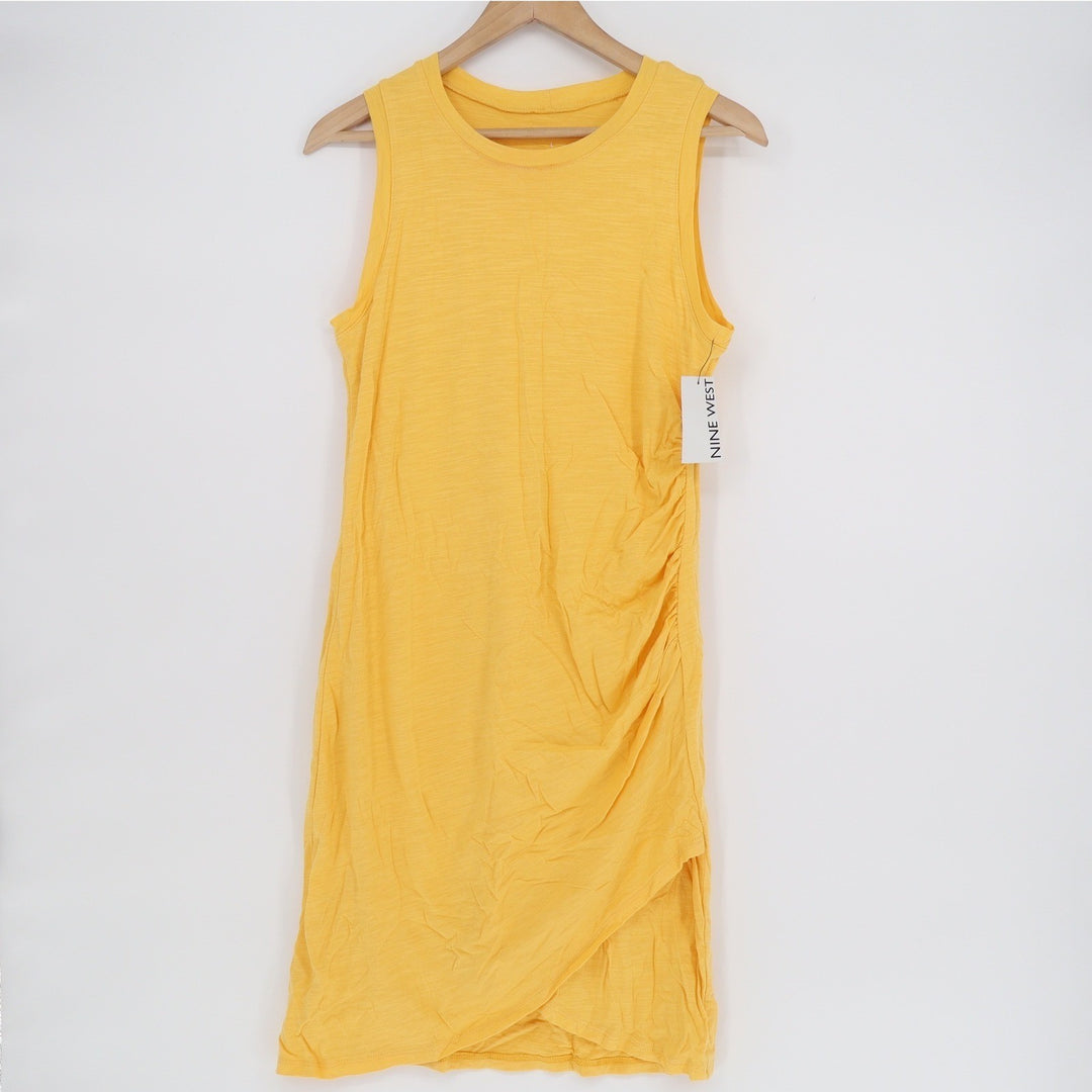 Nine West Womens Gold Yellow Ruched Sleeveless Tulip Hem Midi Dress Large