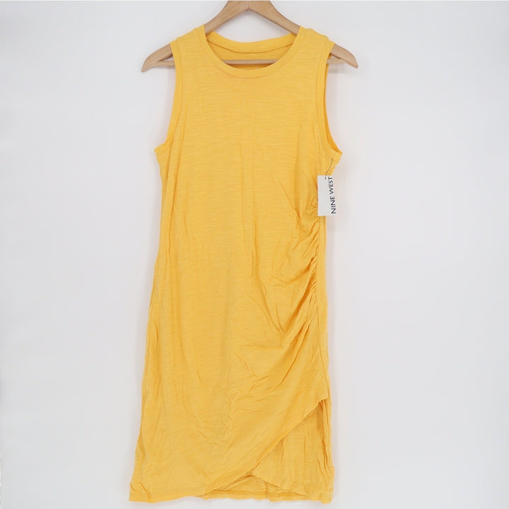 Nine West Womens Gold Yellow Ruched Sleeveless Tulip Hem Midi Dress Large