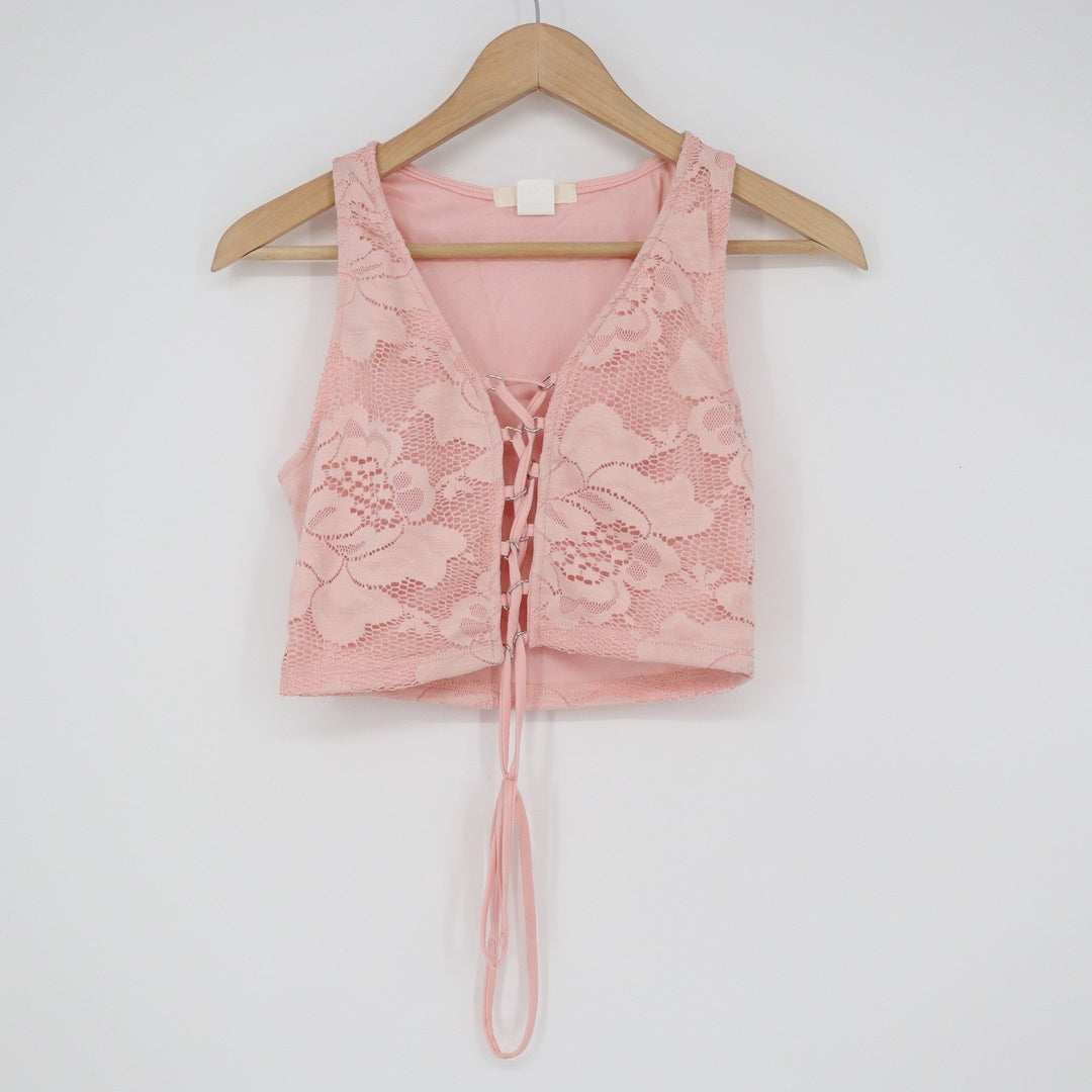 Marci Pink Floral Lace Up Front Crop Top Sleeveless V-Neck Medium Made in USA