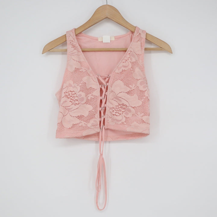 Marci Pink Floral Lace Up Front Crop Top Sleeveless V-Neck Medium Made in USA