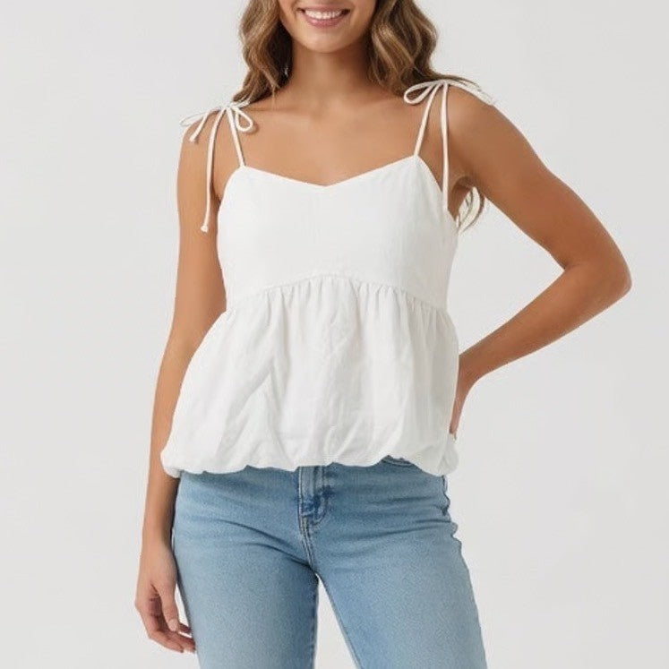 Kirious Los Angeles White Cotton Tie Shoulder Smocked Babydoll Peplum Top Large