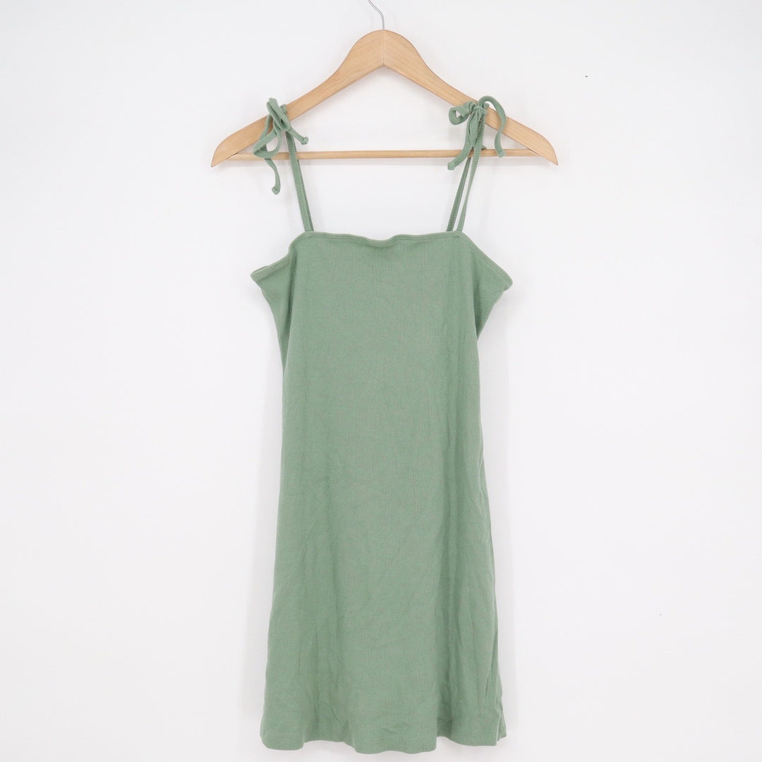 Forever 21 Sage Green Ribbed Tie Strap Mini Dress Large Sleeveless Cotton Blend