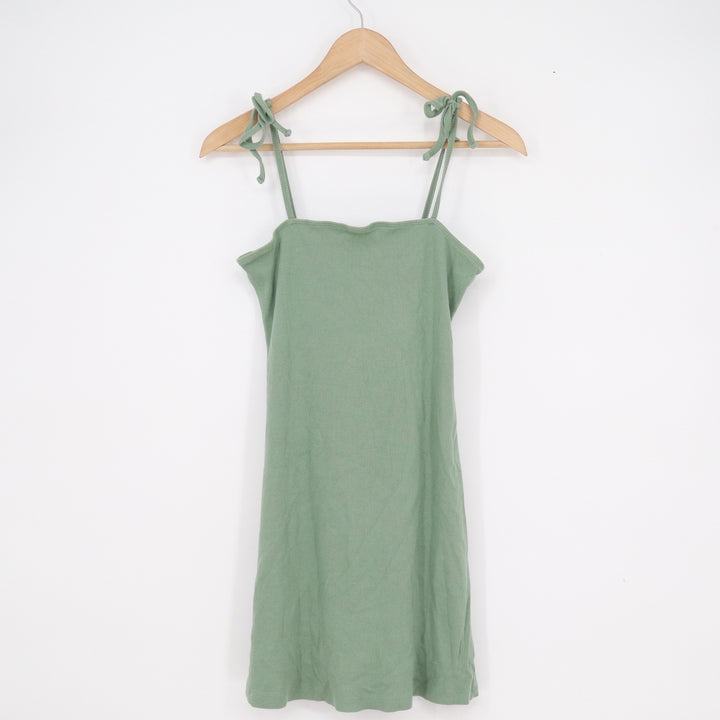 Forever 21 Sage Green Ribbed Tie Strap Mini Dress Large Sleeveless Cotton Blend