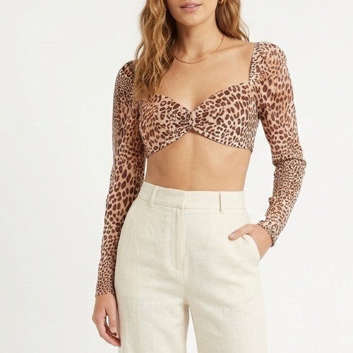Naked Wardrobe The Statement Leopard Print Crop Top Small Long Sleeve