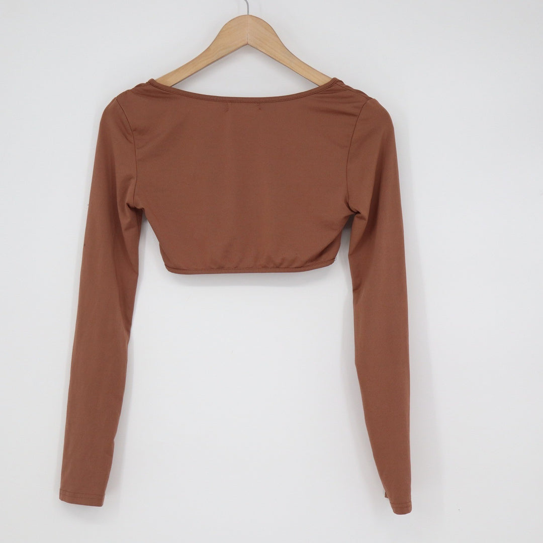 SHEIN Rust Brown Twist Front Long Sleeve Crop Top V-Neck XS