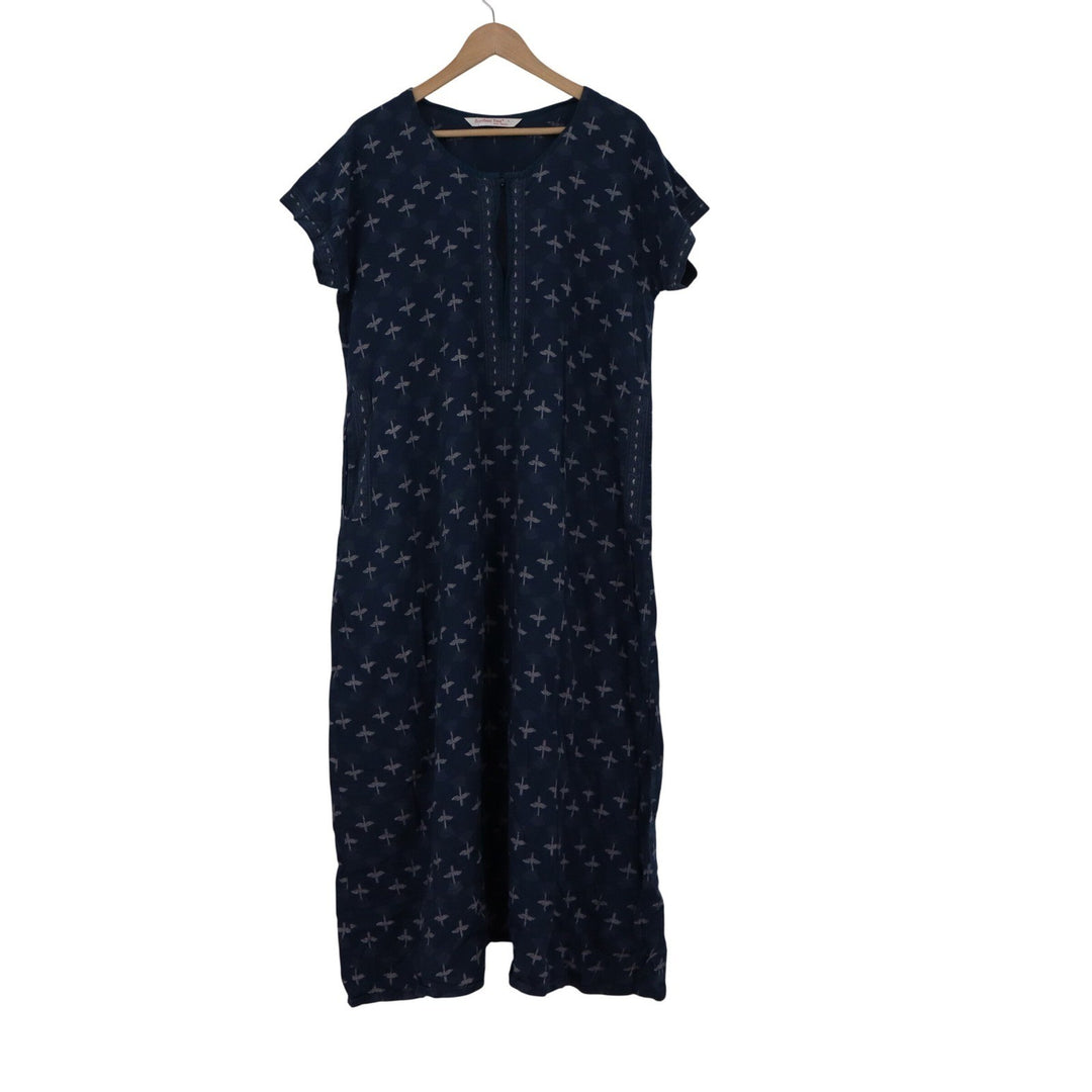 Bamboo Tree Navy Blue Dragonfly Print Split Neck Midi Shift Dress Womens Large