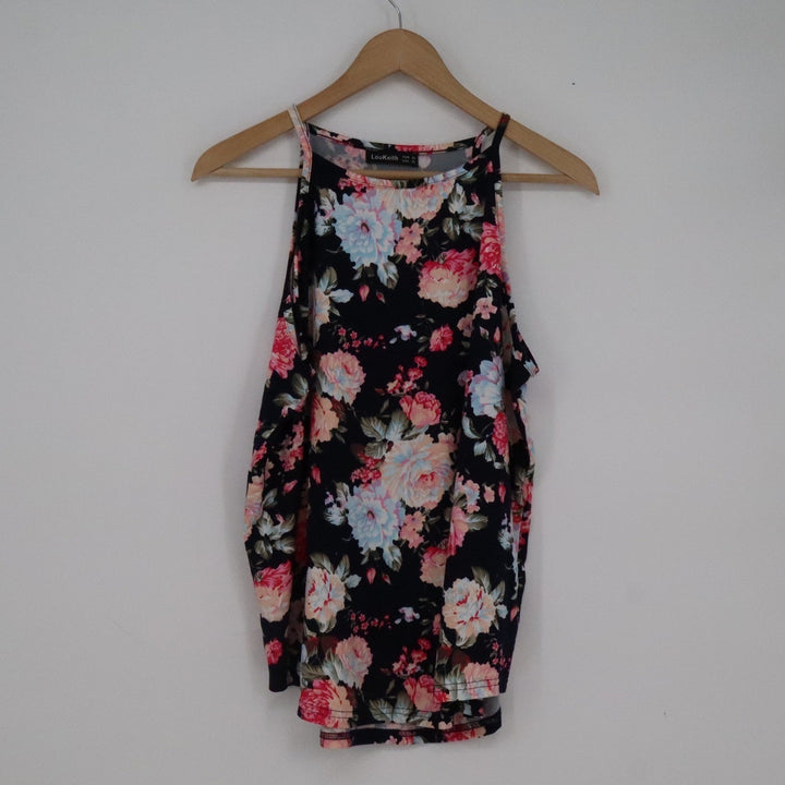 LouKeith Womens XL Floral High Neck Halter Tank Top Sleeveless Cotton Spandex