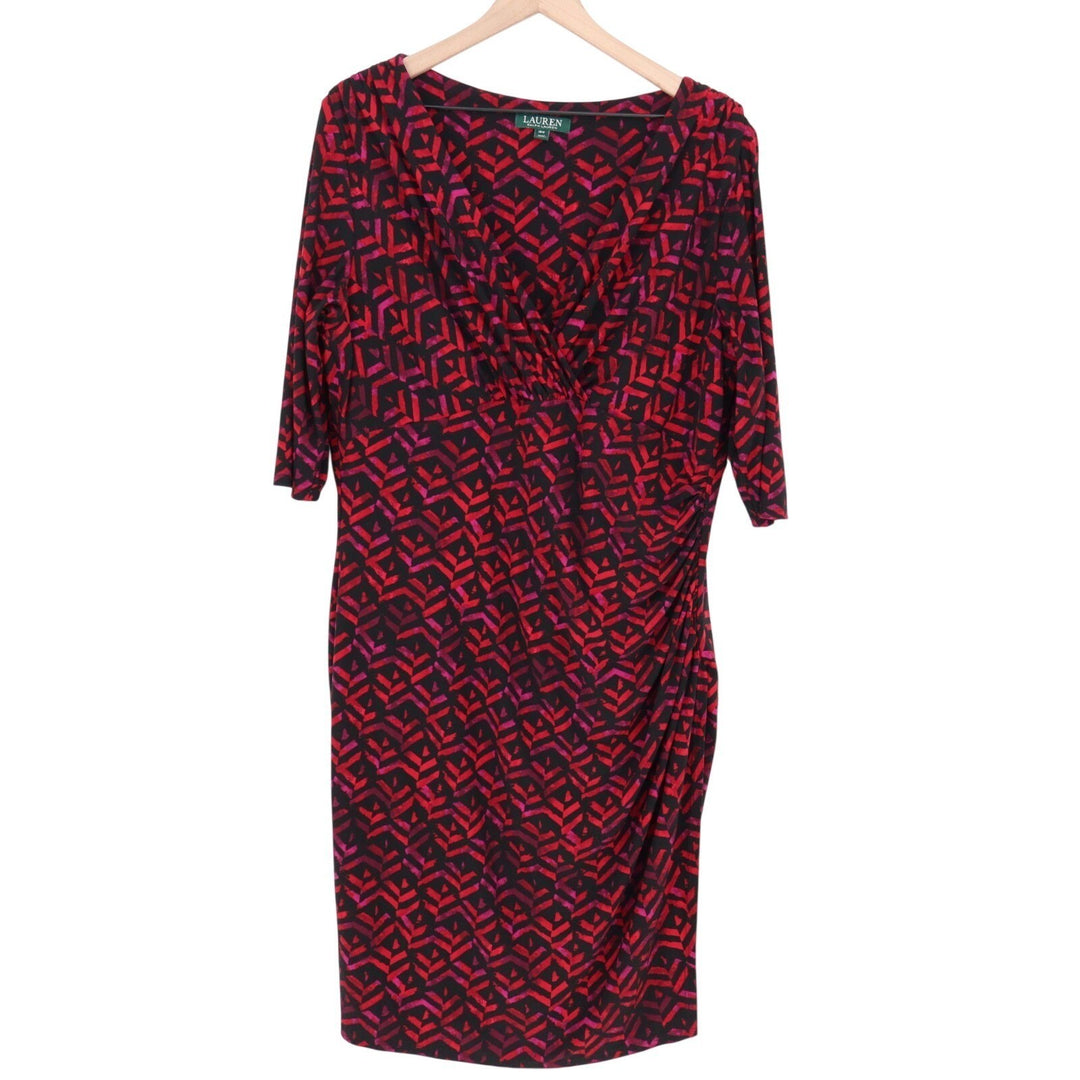 Lauren Ralph Lauren Faux Wrap Dress Womens 16W Red Black Printed Stretch Pleated