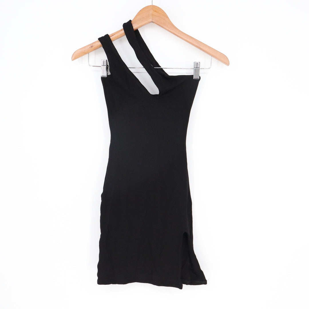 Naked Wardrobe Womens Black Asymmetrical Mini Dress Bodycon Slit