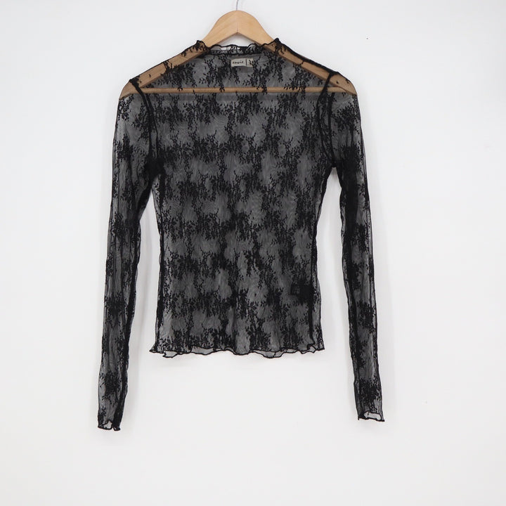 Envie Black Floral Lace Sheer Mock Neck Long Sleeve Top Lettuce Trim Large