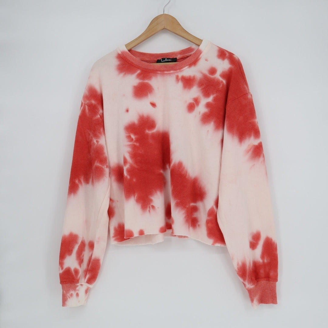 Lulus Here to Chill Sweatshirt Womens L Red Tie-Dye Cotton Crew Neck Long Sleeve
