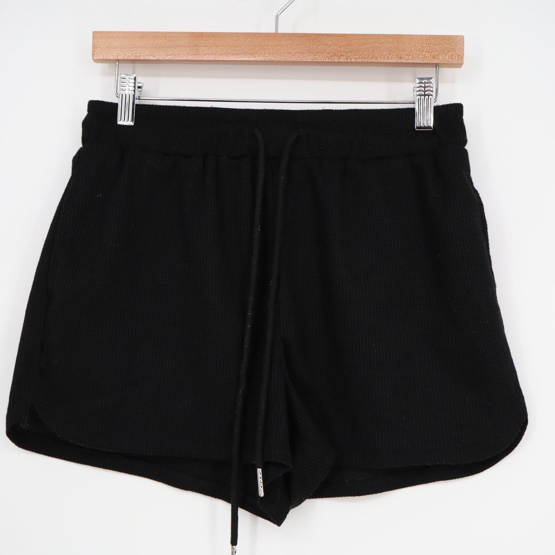 Shorts Womens Medium Black Waffle Knitted Ribbed Slash Pockets Drawstring Waist
