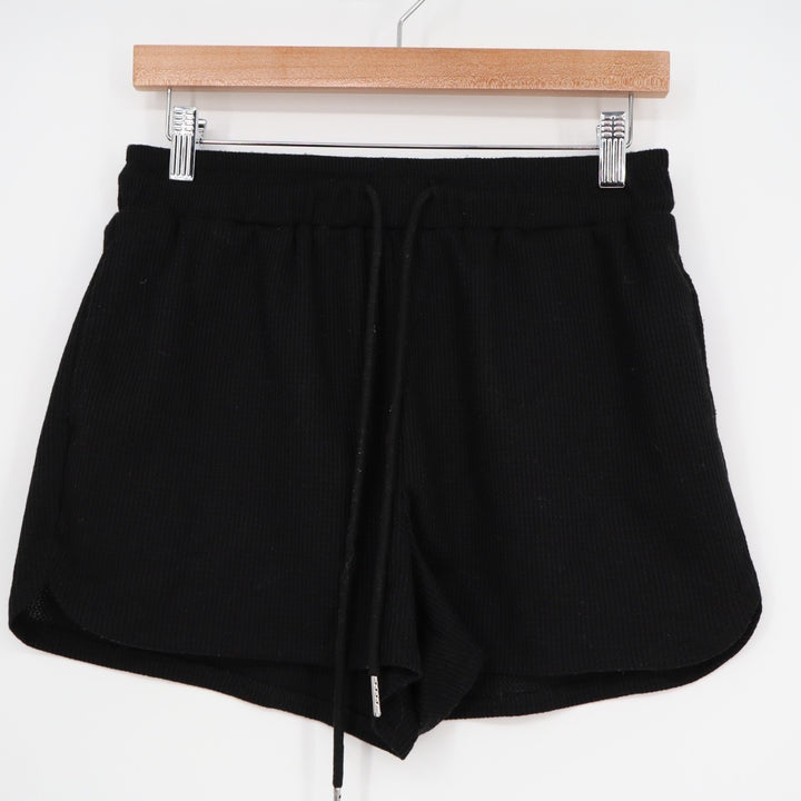 Shorts Womens Medium Black Waffle Knitted Ribbed Slash Pockets Drawstring Waist