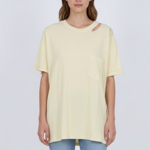 We The Free Distressed Cream Yellow Oversized Pocket Tee T Shirt Medium