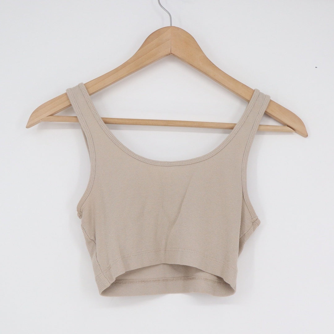 Beige Ribbed Knit Sleeveless Scoop Neck Crop Top Minimalist Neutral Slim Fit