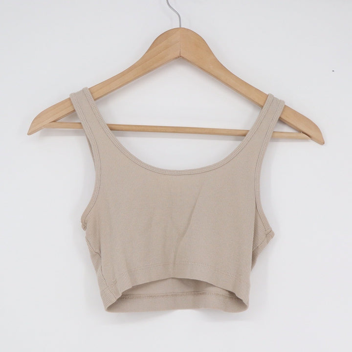 Beige Ribbed Knit Sleeveless Scoop Neck Crop Top Minimalist Neutral Slim Fit