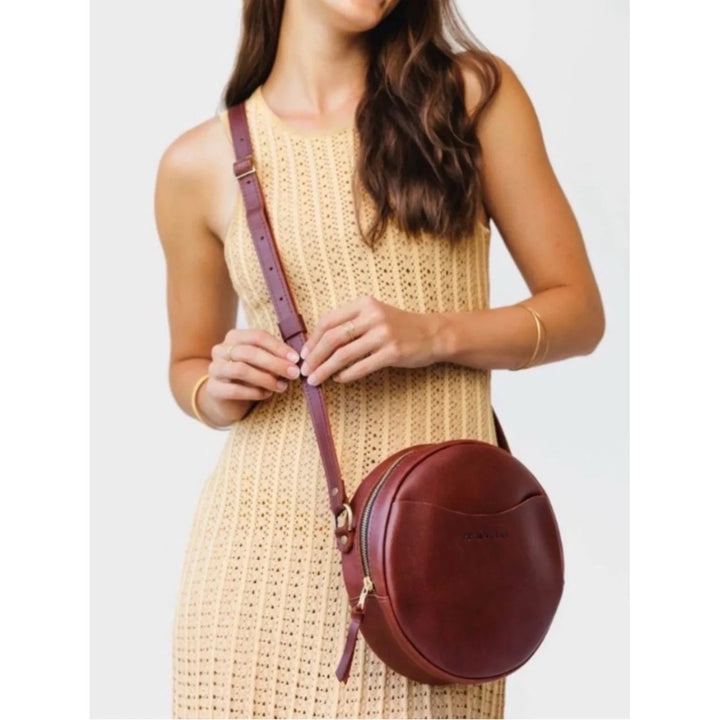 Portland Leather Goods Circle Crossbody Bag Cognac Brown Leather Round Purse