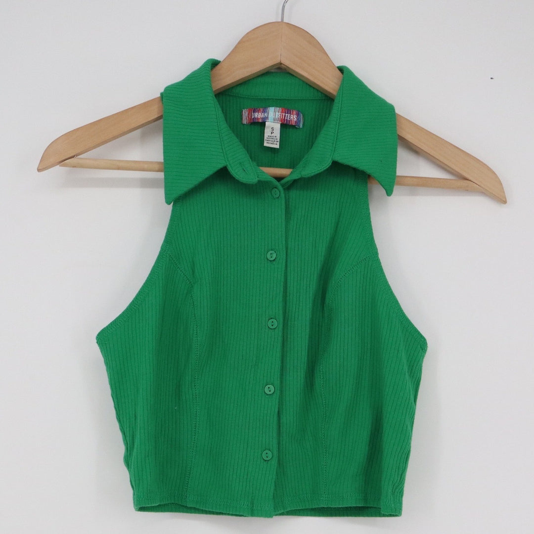 Urban Outfitters Green Ribbed Collared Button Down Halter Crop Top S