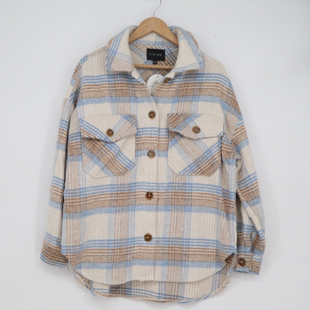 Timing Womens Plaid Shacket Blue Tan Oversized Button Up Shirt Jacket S