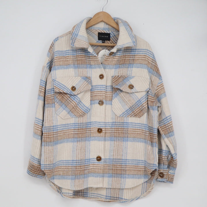 Timing Womens Plaid Shacket Blue Tan Oversized Button Up Shirt Jacket S