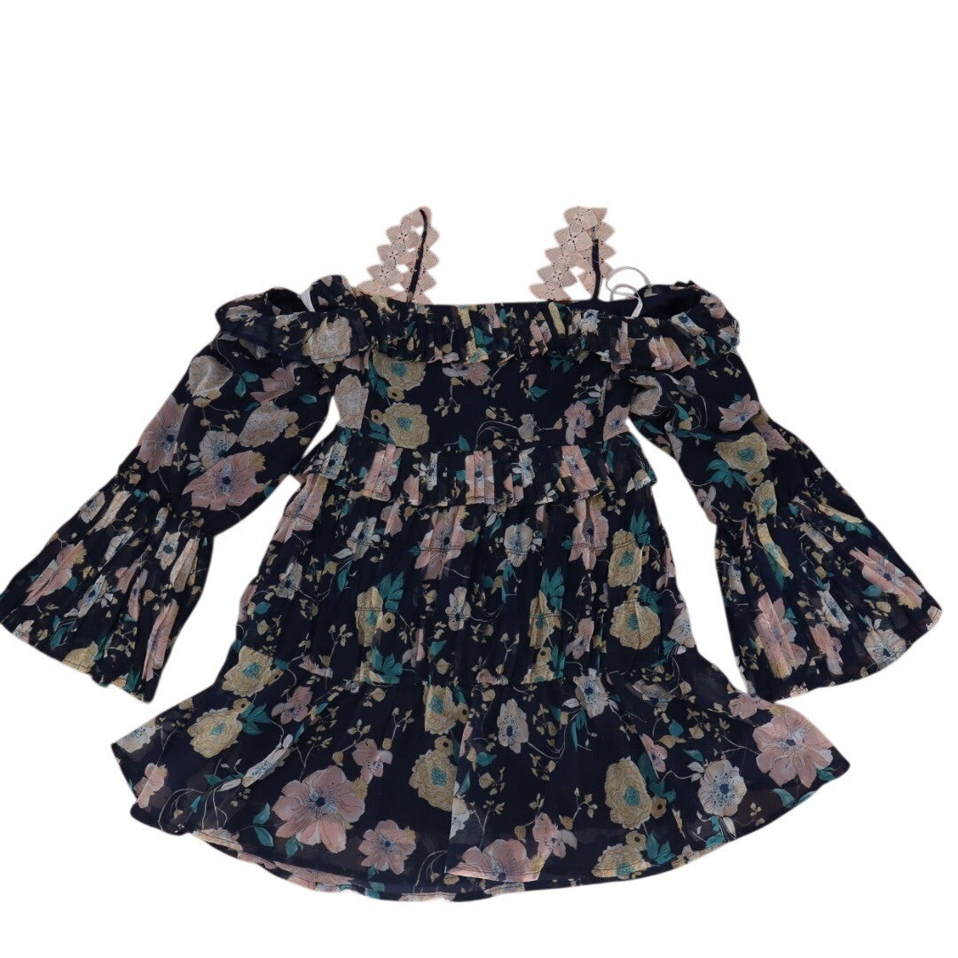 Foxiedox Brylee Mini Dress Womens Small Floral Pleated Ruffle Hem Cold Shoulder