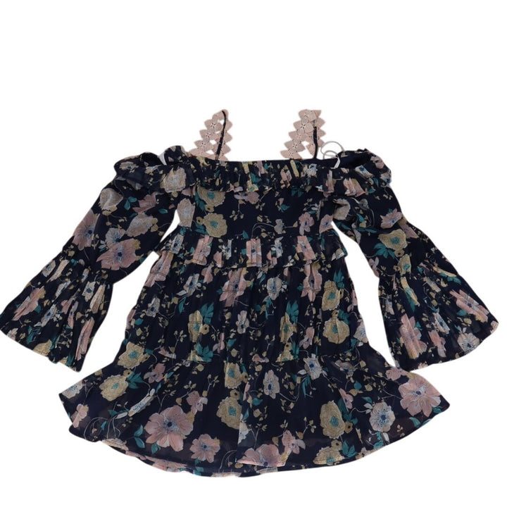 Foxiedox Brylee Mini Dress Womens Small Floral Pleated Ruffle Hem Cold Shoulder