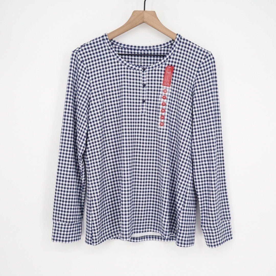 Charter Club Intimates Pajama Top Womens Medium Blue Gingham Check Henley Neck