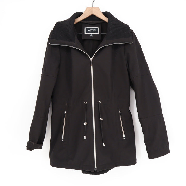 Apt 9 Womens Black Softshell Parka Jacket Hooded Drawstring Waist Size M