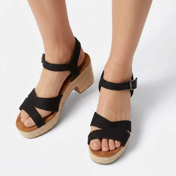 Toms Kiki Strappy Womens US 9 Black Ankle Strap Block Heel Espadrille Sandals