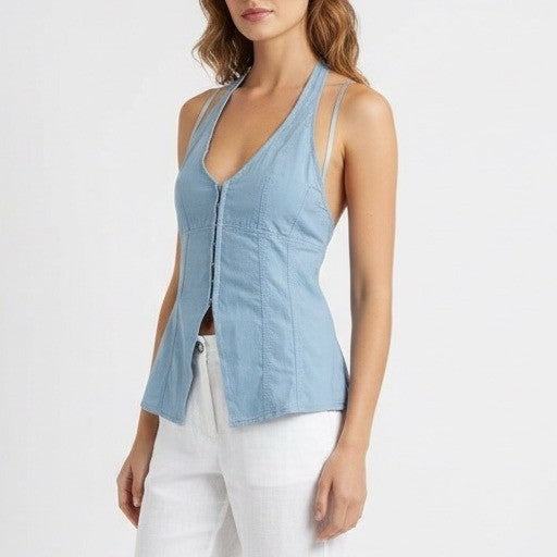 Urban Outfitters UO Sari Vest Women S Ashleigh Blue Linen Hook & Eye Halter Neck
