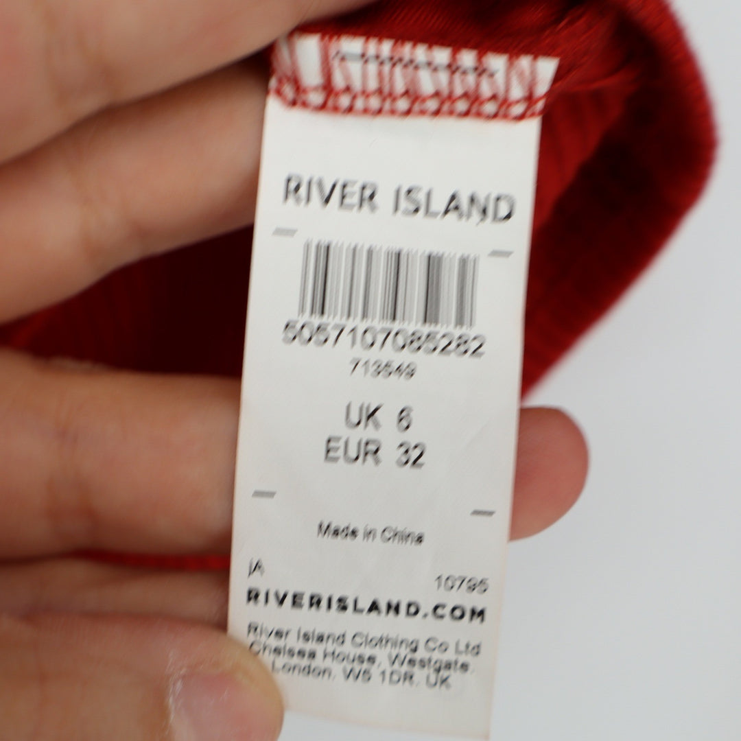 River Island Red Ruffle Shoulder V-Neck Ribbed Long Sleeve Top Size UK 6 US 2