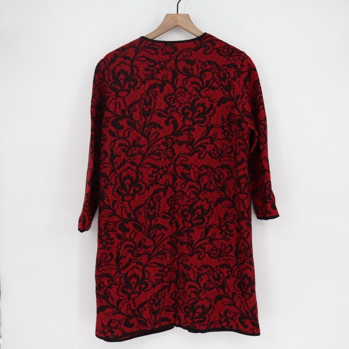 Kasper Jacket Womens XL Red Black Floral Jacquard Cotton Stretch Open Front