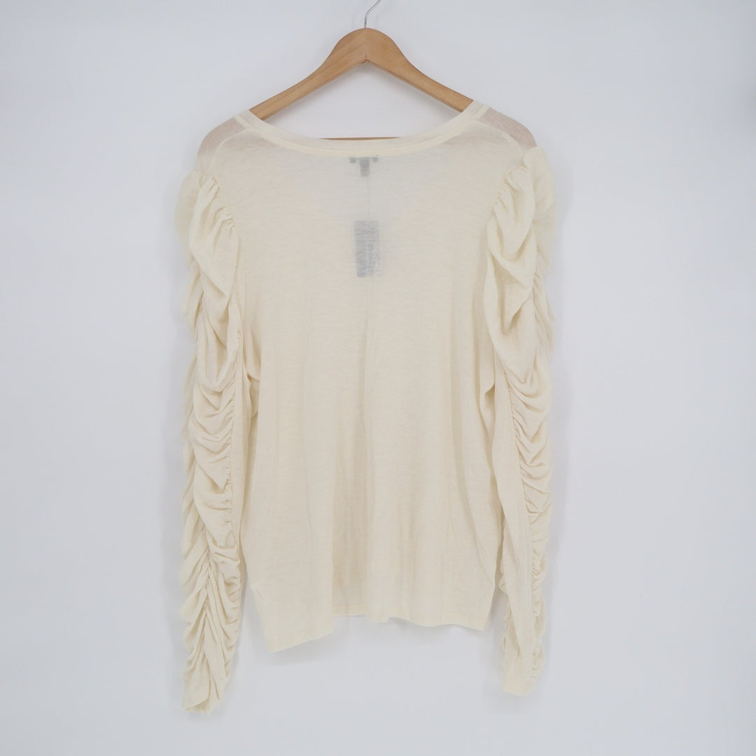 Express Skimming T-Shirt Womens XL Beige Stretch Ruched Sleeve V-Neck Pullover
