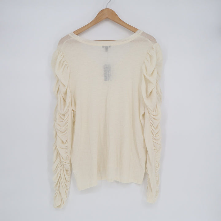 Express Skimming T-Shirt Womens XL Beige Stretch Ruched Sleeve V-Neck Pullover