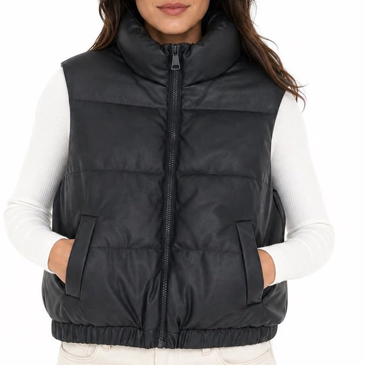 Full Tilt Womens Black Faux Leather Puffer Vest Quilted Zip Up Cropped Size M