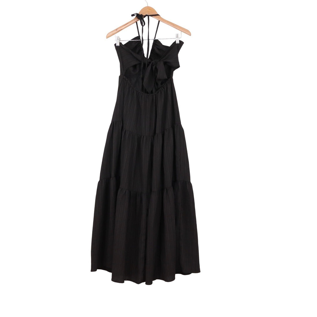SHEIN Black Halter Tiered Maxi Dress Back Cutout Tie Size L 8/10