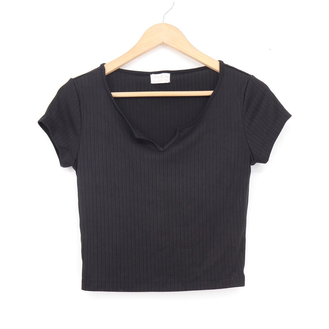 Jolie & Joy Black Ribbed Notched V-Neck Crop Top Short Sleeve Small