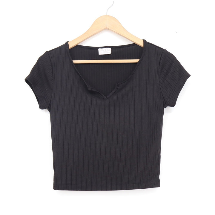 Jolie & Joy Black Ribbed Notched V-Neck Crop Top Short Sleeve Small