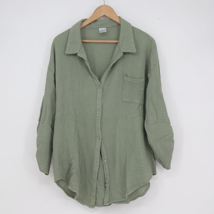 Kona Sol Sage Green Cotton Gauze Button Down Shirt XL Oversized Beach Cover Up