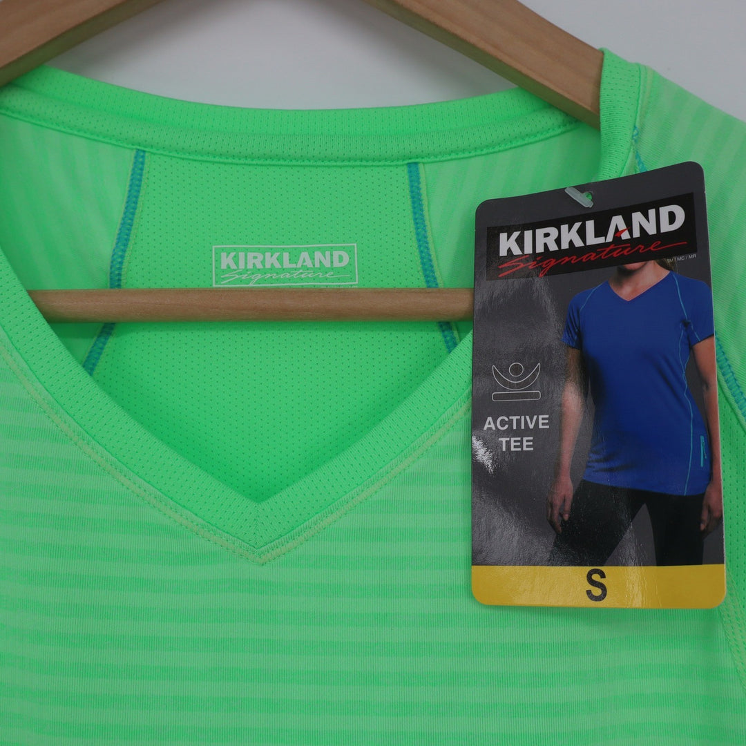 Kirkland Signature Womens Neon Green Striped Active Tee V-Neck Shirt Small