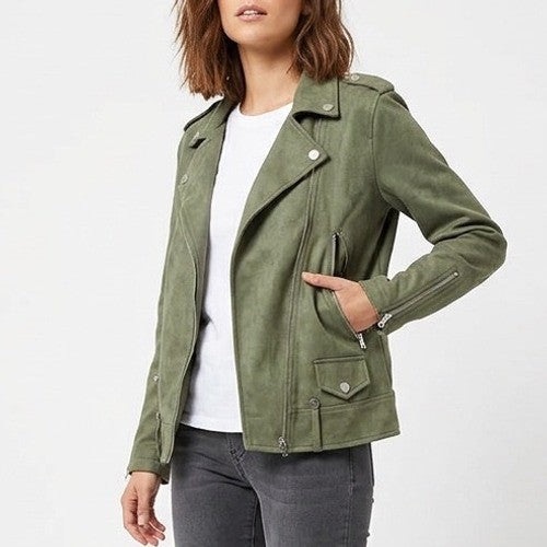 Fate Motorcycle Jacket Mens Small Sage Green Full Zip Long Sleeve Lapel Collar