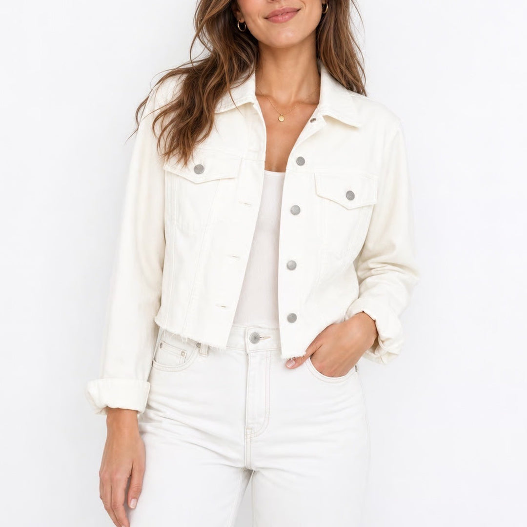 Harper Heritage Francescas White Cropped Denim Jacket Raw Hem M