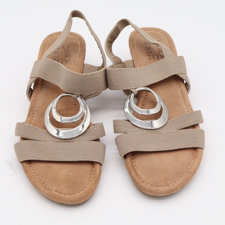 Naturalizer Sandals Womens 8.5M Galaxy Taupe Wedge Silver Ring Elastic Excellent