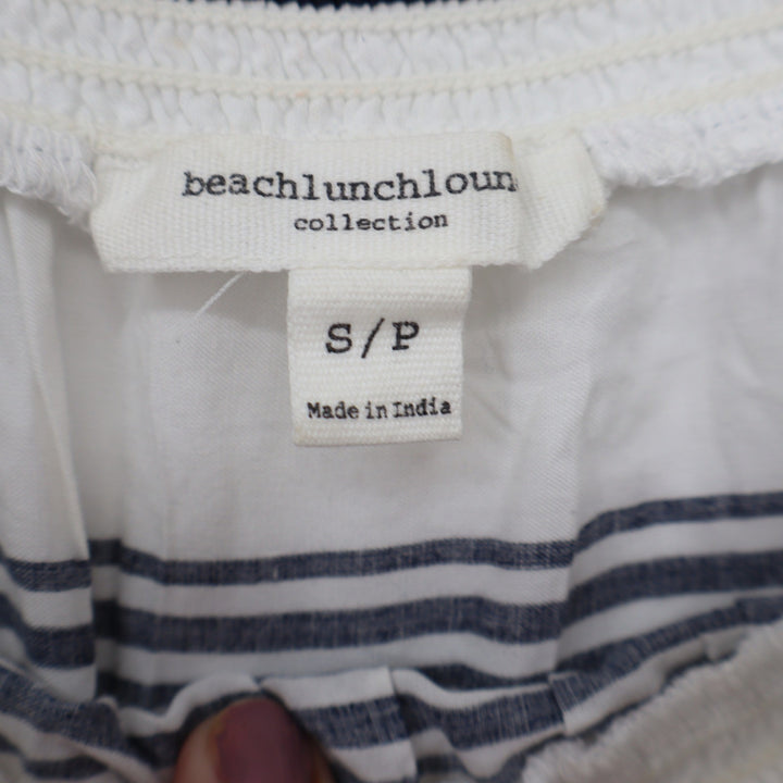 Beachlunchlounge Striped Off the Shoulder Top White Navy Blue Tie Cuff Small
