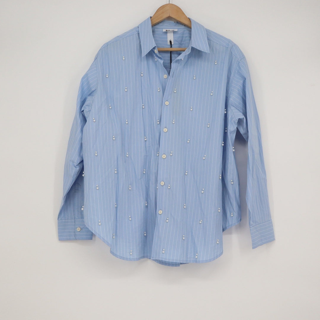Future Collective Blue Striped Pearl Embellished Button Down Shirt M NEW