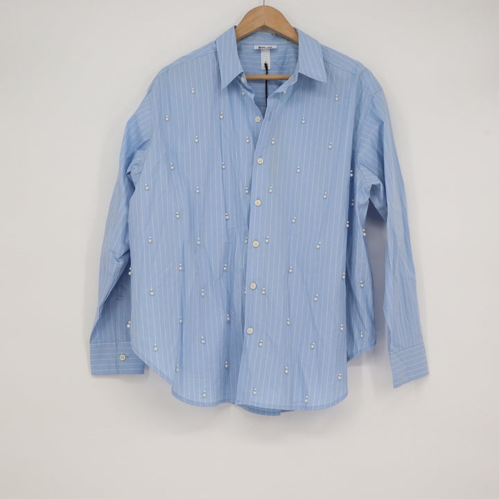Future Collective Blue Striped Pearl Embellished Button Down Shirt M NEW