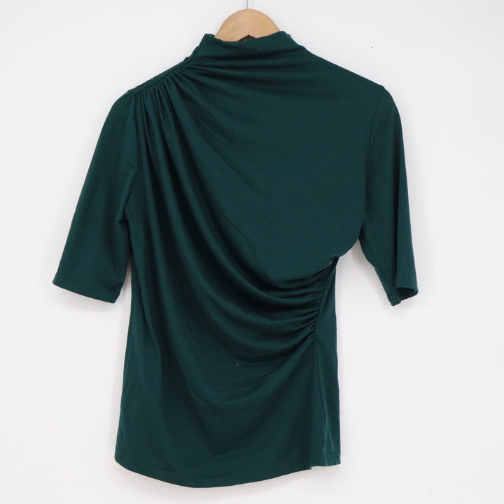 Dark Green Asymmetrical Draped Mock Neck Top Elbow Sleeve Ruched Size L