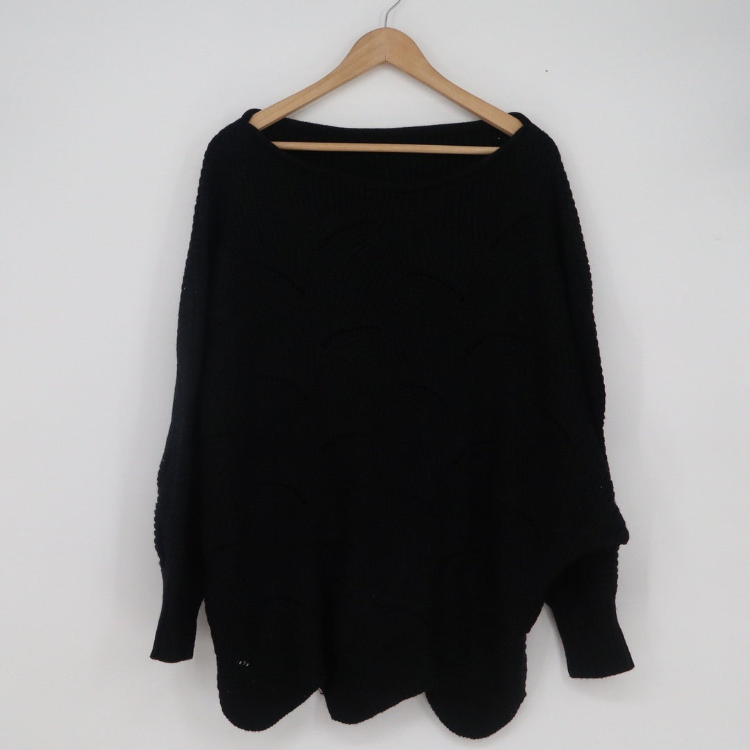 Oversized Black Batwing Knit Sweater Scalloped Hem Boat Neck Slouchy Pullover